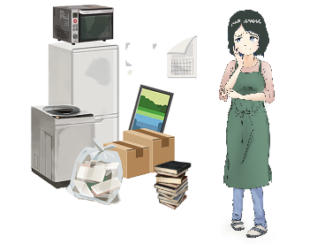 左から、洗濯機、レンジ、冷蔵庫、ゴミ袋、段ボール、額縁、古本